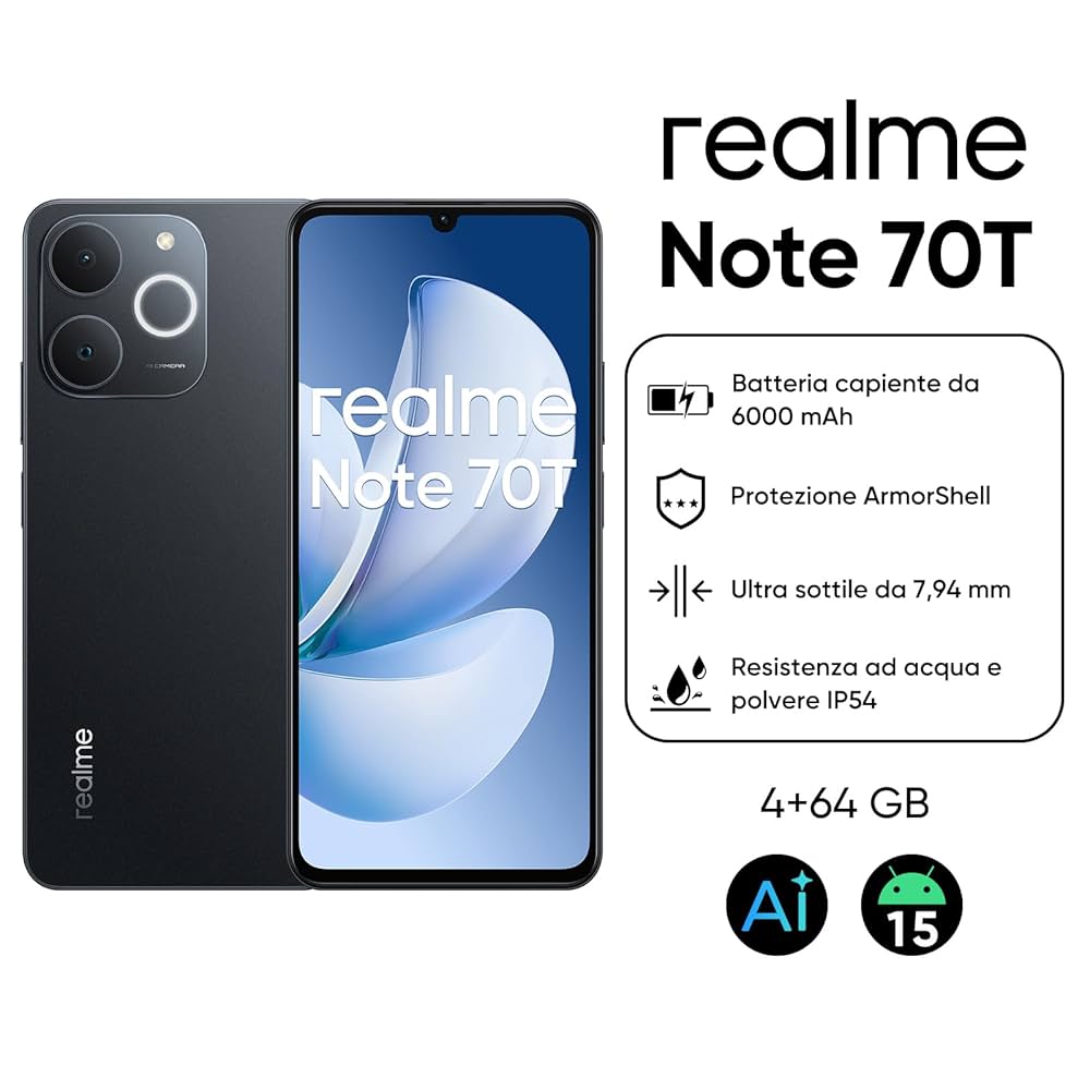 realme Note 70T 4+64GB Smartphone, Display HD da 6,75'' a